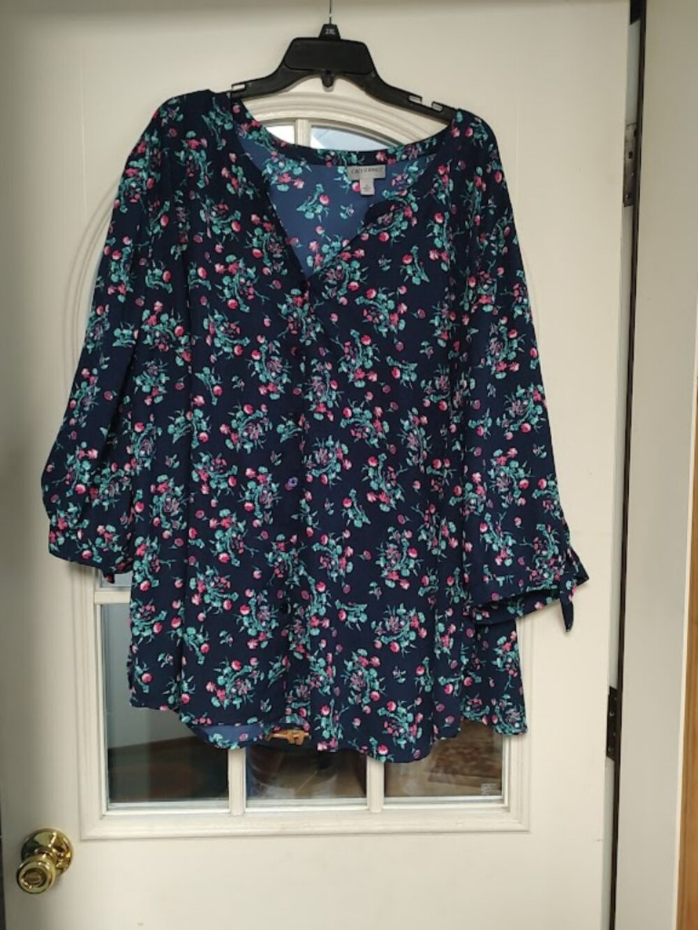 Catherines Navy Blue Flowered 3/4 Sleeve Top Size Women's 3X
